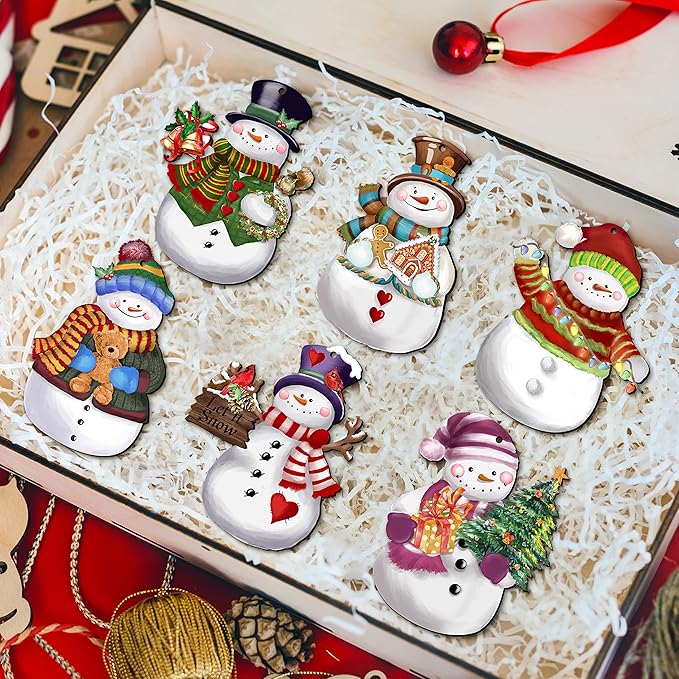 24 Pieces Christmas Snowman Wooden Ornaments Wood Hanging Decoration Set for Christmas Tree Hanging Wood Crafts Holiday Decor Xmas Party Supplies
