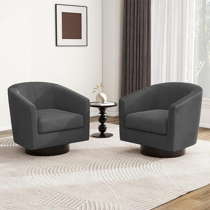 Swivel Barrel Accent Chair, Modern Round Corduroy Fabric Arm Chair for Living Room, Bedroom, Comfy Club Reading Chairs for Adults (Corduroy Grey, Set of 2)
