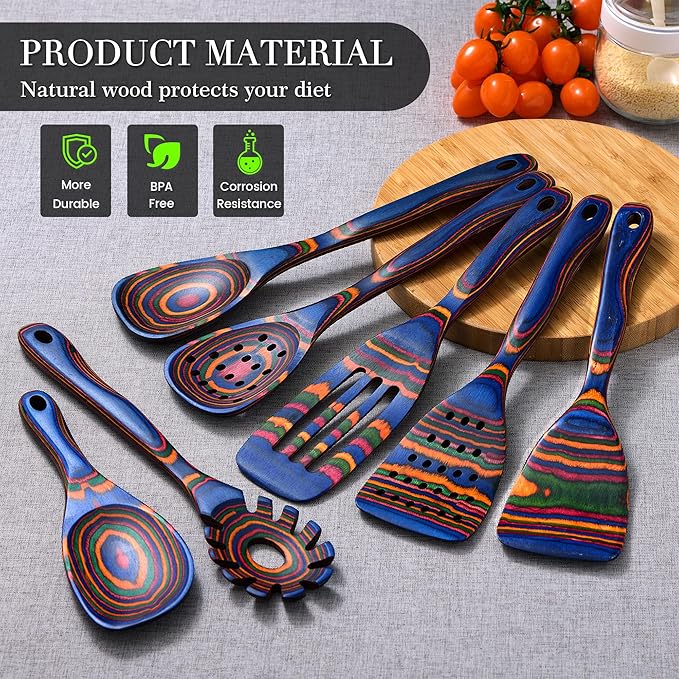 Heat-Resistant Wood Cooking Utensils - 7pc Set, Eco-Friendly, Includes Spatula, Pasta & Slotted Spoons, Essential Kitchen Tool