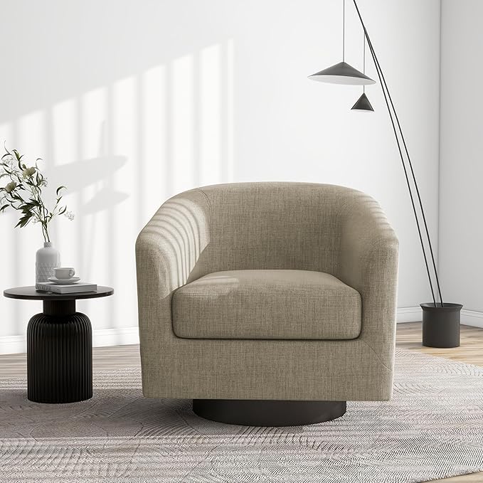 Swivel Barrel Accent Chair, Modern Round Linen Arm Chair for Living Room, Bedroom, Comfy Club Reading Chairs for Adults（Linen Fabric, Light Brown, Set of 4