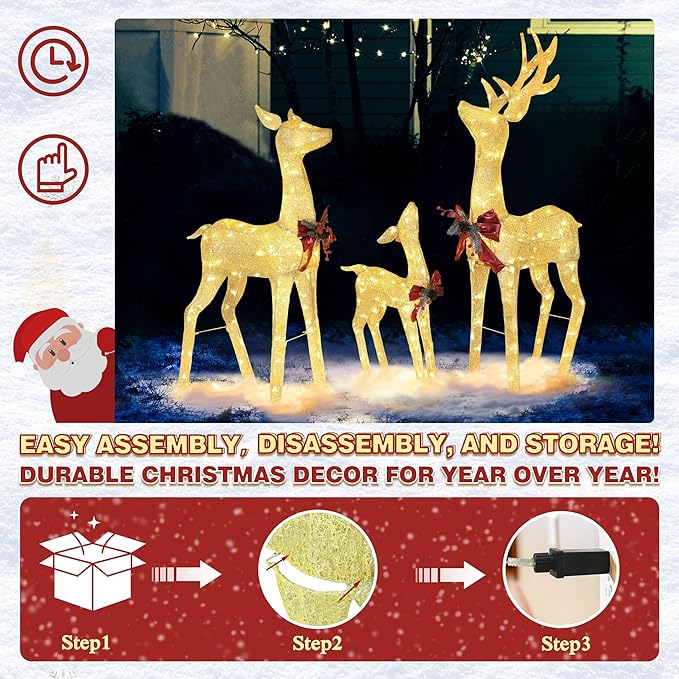 4.5FT Lighted Reindeer Family Set for Christmas Decoration, 3 Pieces Pre-Lit Iridescent Deer with 200 LED Lights, 3D Glittered Standing Holiday Display for Outdoor, Indoor, Golden