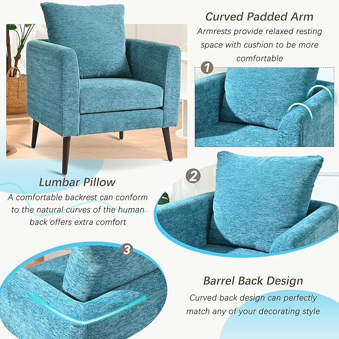 Barrel Accent Chair Set of 2 with Back Pillow, Large Upholstered Armchair with Solid Wood Legs Modern Reading Chairs for Living Room Bedroom