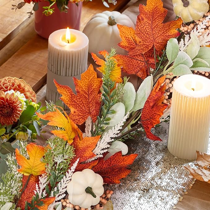 GENMOUS 6ft Thanksgiving Fall Garlands, Pumpkins Maple Leaves Autumn Wreaths for Front Door, Fall Decor, Porch Wall, Home Outdoor Holiday Decorations