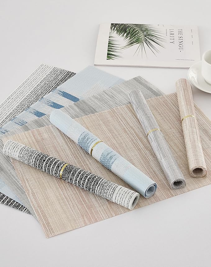 Leetaltree Black with White Woven Placemats Set of 8 - Heat Resistant Non-Slip Place mats for Dining Table, Washable Durable PVC Vinyl Woven Table Mats(Black with White, 8)