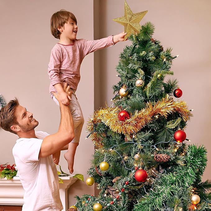 Christmas Tree Star Topper, 8" Gold Xmas Star Tree Decorations, 3D Shatterproof Bethlehem Star Tree Topper Decorations, Waterproof Christmas Tree Topper Decor for Holiday Home Outdoor Ornament