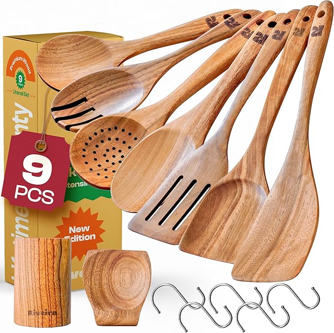 Riveira 9 Pieces Teak Wooden Spoons For Cooking – Premium & Durable Organic Teak Wooden Cooking Utensils – Non Stick Wooden Spatula For Cooking – Non Toxic Utensil Set With Holder & Spoon Rest