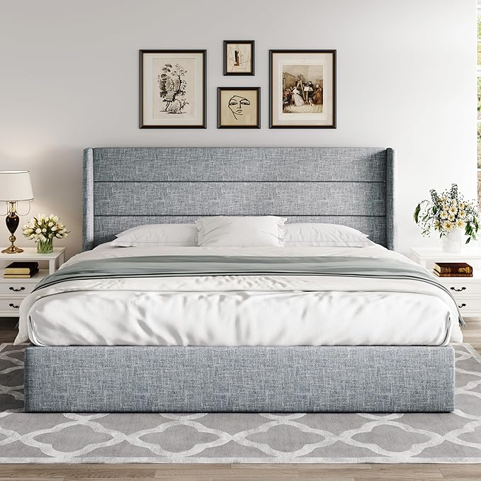Allewie King Size Lift Up Storage Bed, Modern Wingback Headboard, Hydraulic Support, No Box Spring Needed, Grey Blue