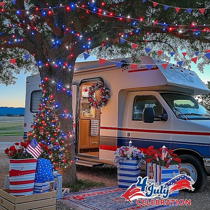 JMEXSUSS 4th of July Decorations Red White and Blue Lights, 33ft 100 LED String Light Indoor Plug-in, 8 Modes Patriotic 4th of July Lights for Indoor Outdoor Independence Day American Flag Holiday