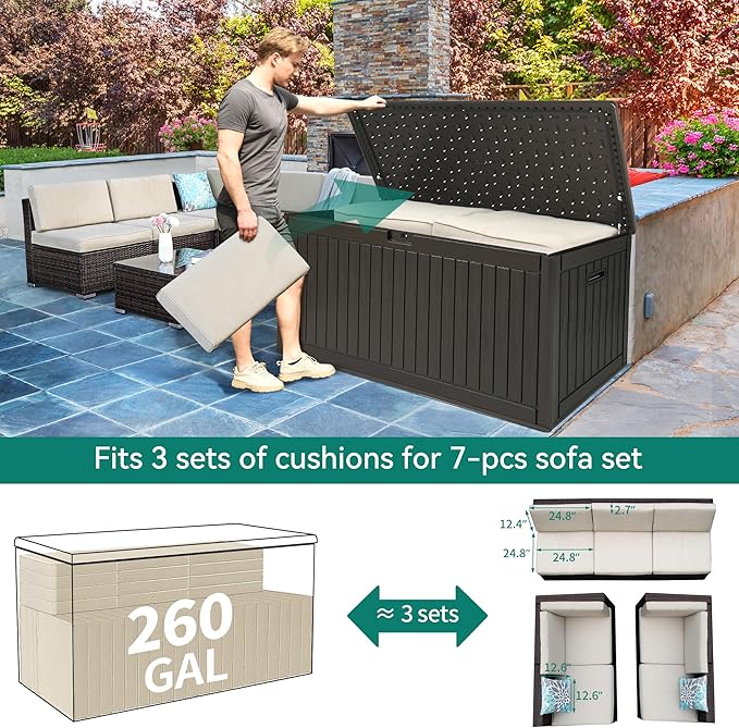 YITAHOME 260 Gallon Extra Large Deck Box, Double-Wall Resin Outdoor Storage Box with Flexible Divider for Patio Cushions Garden Tools, 1000lbs Load Capacity, Lockable & Waterproof (Light Brown)