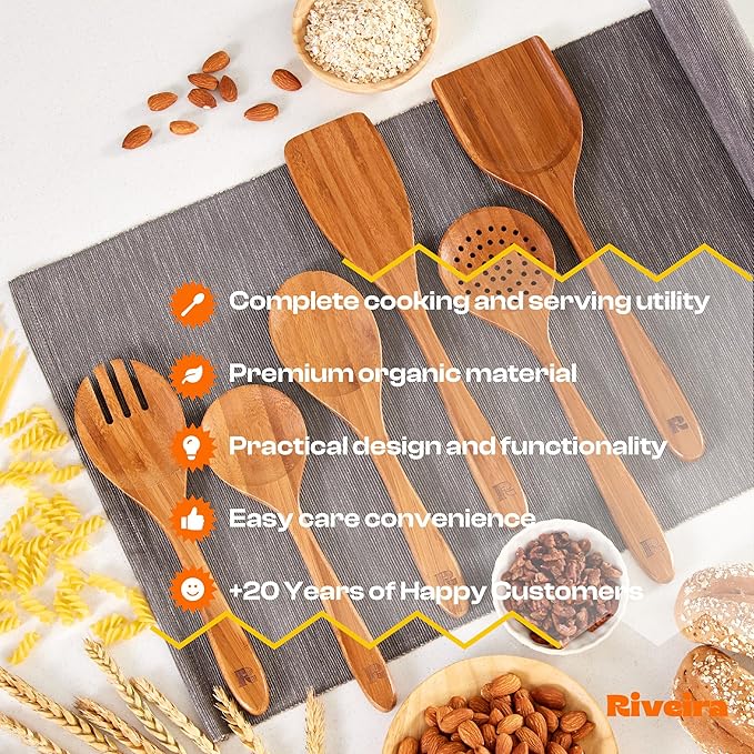Riveira Brown Bamboo Wooden Spoons for Cooking Set of 6 – Natural Brown Bamboo Wooden Cooking Utensils, Wooden Spatula, Wooden Spoon - Premium Quality Wooden Utensil Set for Non-Toxic Cooking