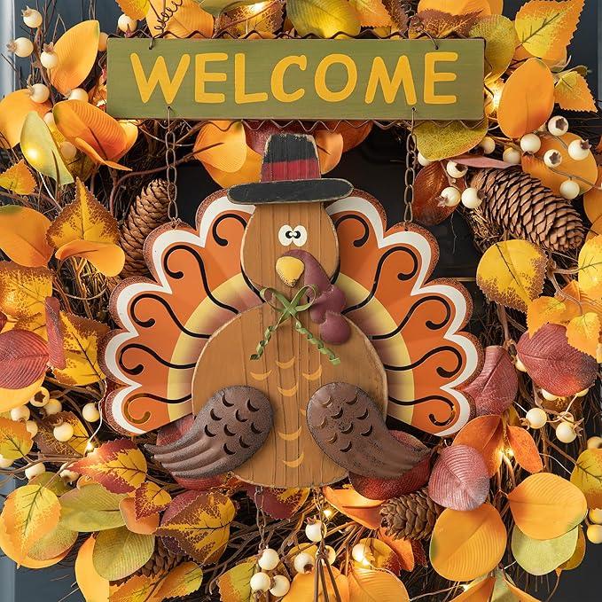 Glitzhome 17.91" H Metal Wooden Turkey Welcome Sign, Thanksgiving Turkey Wall Hanging Decor with Welcome Sign for Indoor Outdoor Decoration