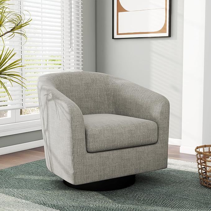 Swivel Barrel Accent Chair, Modern Round Linen Arm Chair for Living Room, Bedroom, Comfy Club Reading Chairs for Adults（Linen Fabric, Khaki, Set of 1