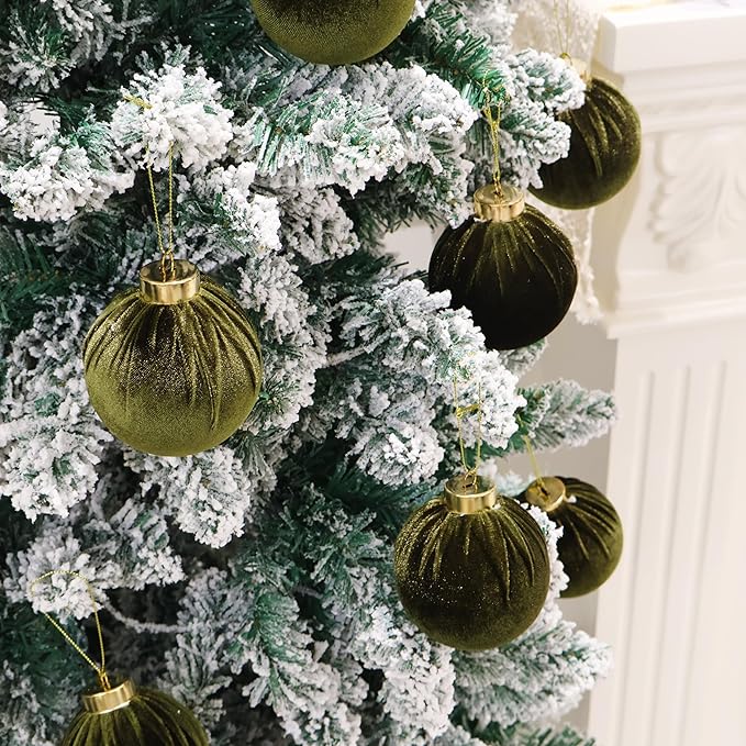 3.15inch Green Velvet Ornaments for Christmas Tree, 15pcs Flocked Christmas Ornaments Decorations Balls Set Decor