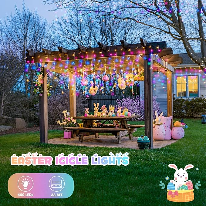 JMEXSUSS 400 LED 38.8 FT Easter Lights String Outdoor, Connectable Pastel Icicle Lights Indoor Outdoor for Easter Spring House Garden Party Decorations