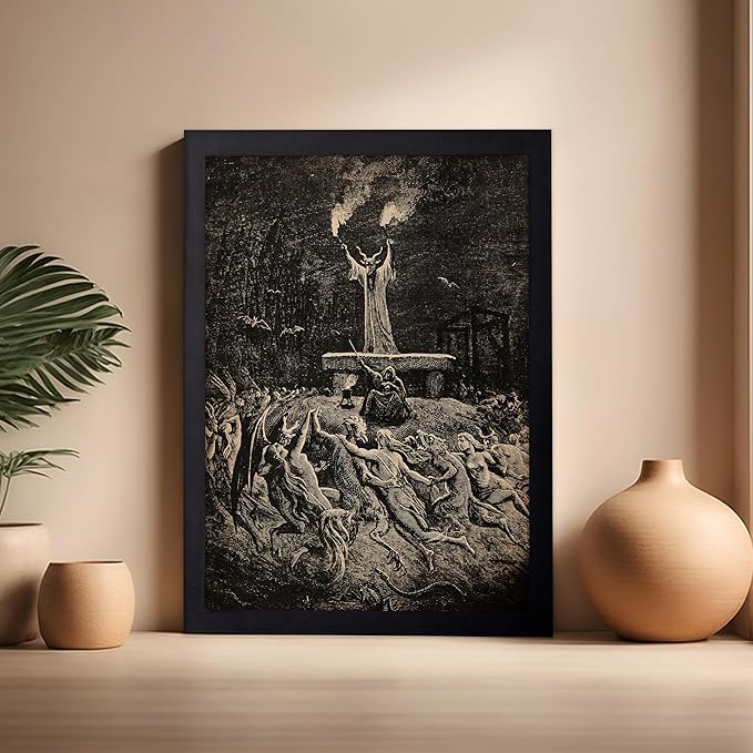 Poster Master Vintage Gustave Dore Poster - Retro Illustration Print - Gift for Gothic, Horror Fan - Dance of Sabbath, Witch, Magic, Spell - Wall Decor for Bedroom, Dorm, 16x20 Black Framed