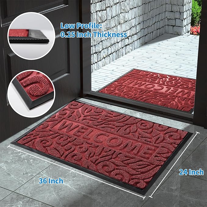 Yimobra Welcome Mat Outdoor, 36x24 Waterproof Large Door Mat Outside Entrance, All-Weather Non Slip Front Door Mat, Low-Profile Entryway Mat Indoor, Porch and Patio, Wine Red