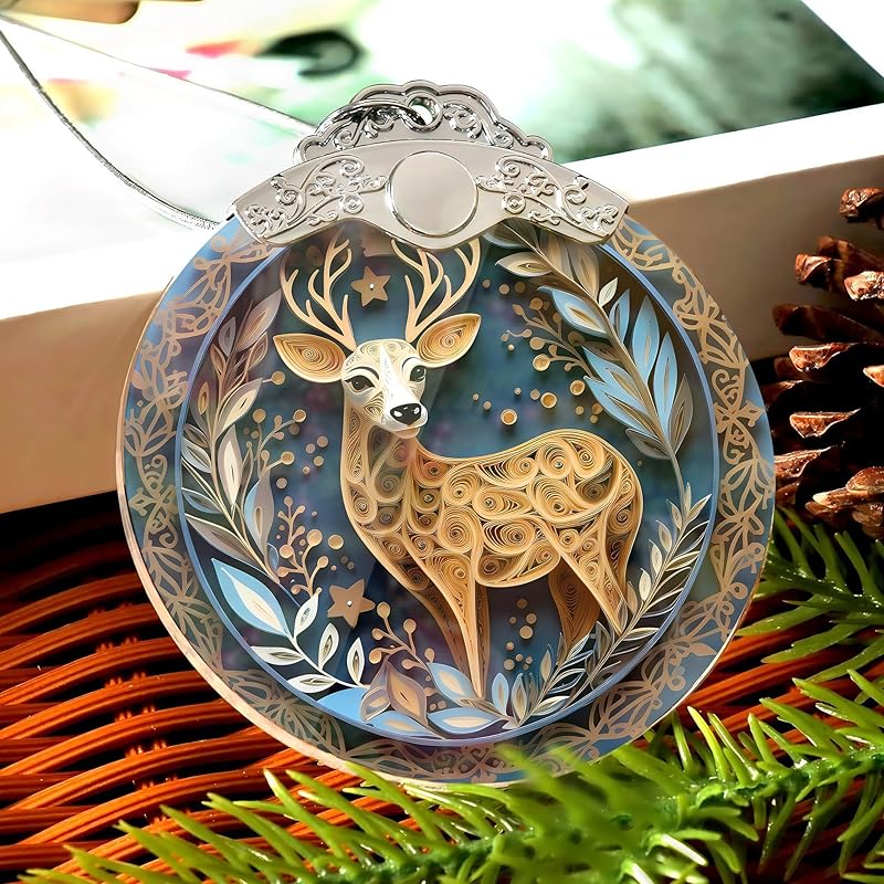 2025 Christmas Ornament, Stained Glass Effections, Christmas Tree 4 Inch Acrylic Ornament Art, White Elephant Gifts Car Interiors Decors, Christmas Decor (Quilling Deer)