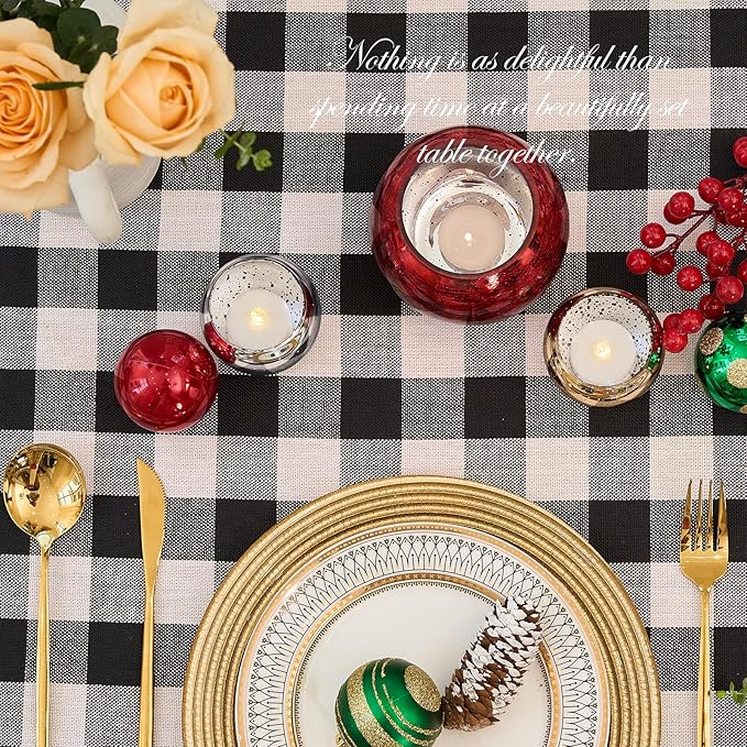 Table Cloth Rectangle Table-Rustic Gingham Tablecloth Buffalo Plaid Table Cloth for Thanksgiving Christmas Kitchen Dining Room (55x84 Inch,Black and White)