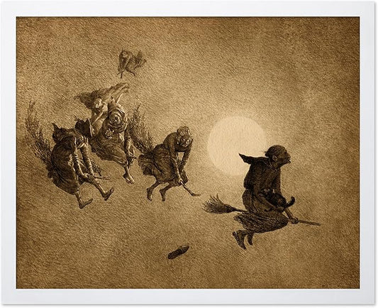 Poster Master Vintage William Holbrook Beard Poster - Retro Occult Print - Gift for Gothic, Horror Fan - The Witches Ride, Pagan, Goth, Magic - Wall Decor for Bedroom, Dorm, 11x14 White Framed