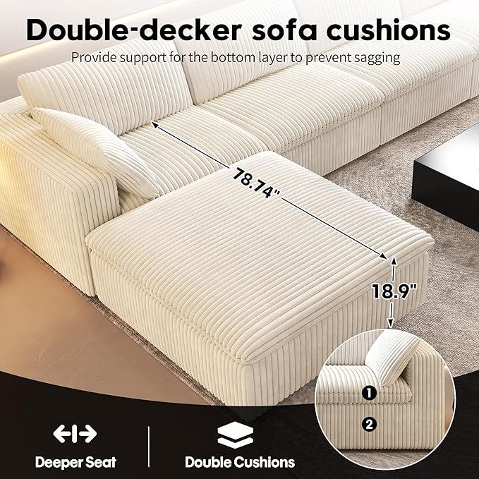 118" 6-Seater Cloud Sofa,Modular Sectional Couch with Ottoman,Modern Deep Seat Upholstered Couches with Plush Corduroy Fabric for Living Room Furniture,Bedroom and Apartment,No Assembly Required,White