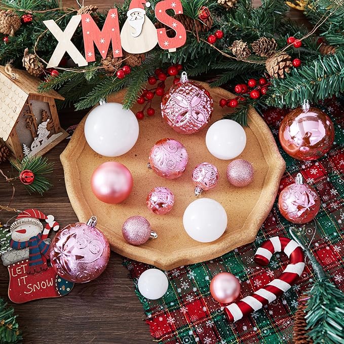 87-Pack Shatterproof Christmas Ball Ornaments Set, Christmas Tree Decorations with Hand-held Gift Package for Xmas Tree Holiday Wedding Party (Pink and White)