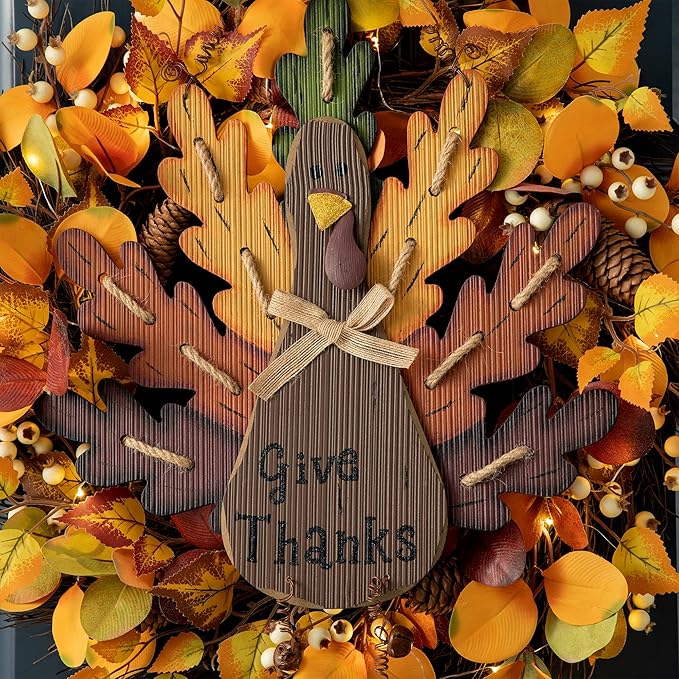 Glitzhome 20.67" H Wooden Turkey Wall Sign, Thanksgiving Front Door Wall Hanging Decor for Indoor Outdoor Thanksgiving Fall Harvest Decoration