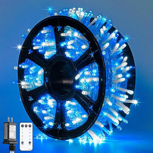 JMEXSUSS Blue and White Christmas Lights Outdoor with Remote, 600 LED String Lights Indoor Clear Wire, 168ft Christmas Fairy Lights Plug in for Bedroom Tree Birthday Party Christmas Decorations