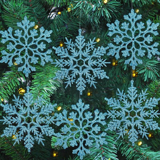 6pcs Large Snowflakes Ornaments Blue 12” Big Plastic Glitter Snowflake for Winter Indoor Outdoor Christmas Tree Window Room Decorations Giant Craft Snowflakes