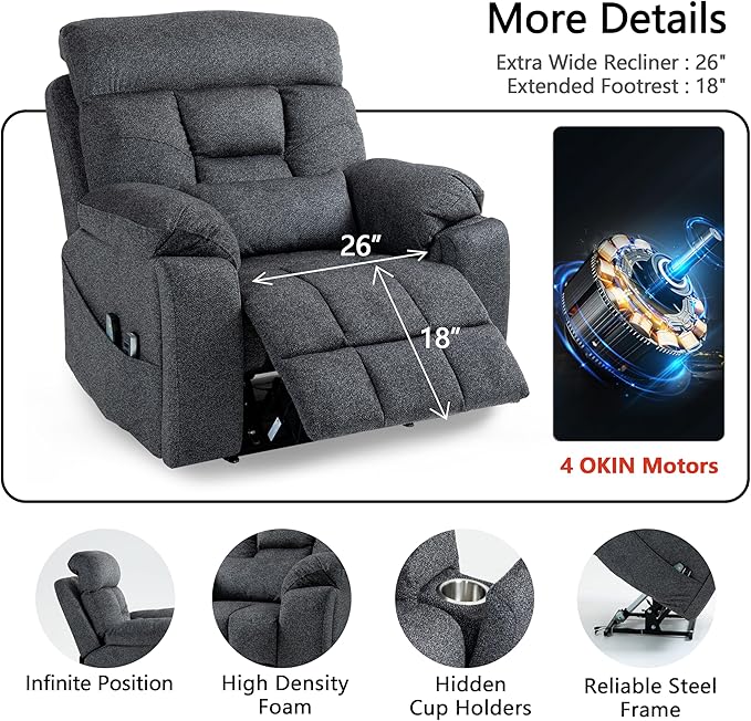 4 OKIN Motor Power Lay Flat Lift Recliner Chair for Elderly Adults Oversized Recliners with Massage Heat, Adjustable Head-Back-Lumbar-Leg-Support, Extended Footrest, 2 Cup Holders