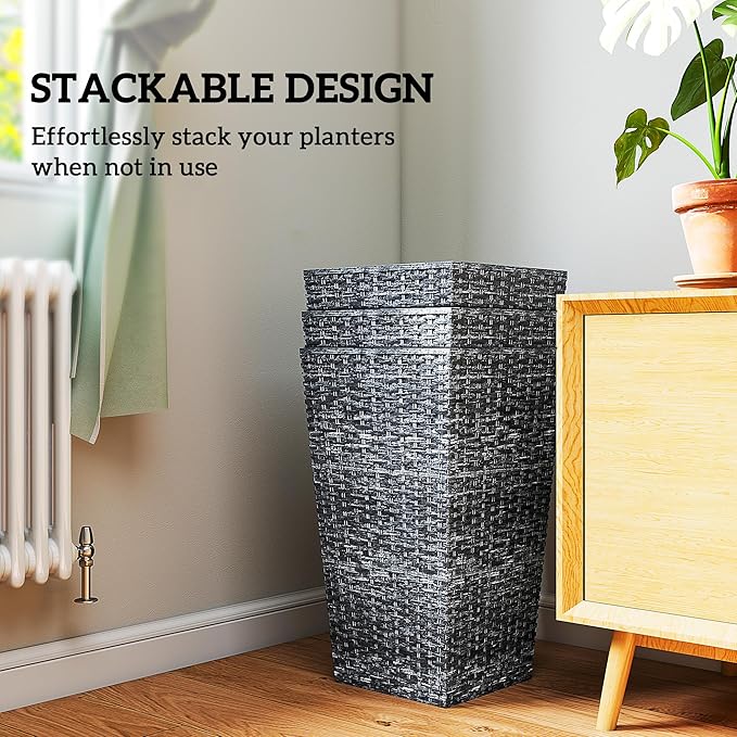 Outsunny Tall Planters for Outdoor Plants Set of 3, 24 in Taper Planters with Drainage Holes, Rattan Decor Plant Pots for Indoor Outdoor Front Porch Patio Backyard, Gray