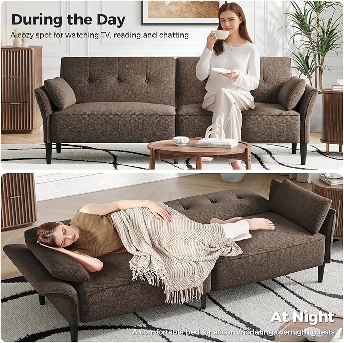 89” Futon Sofa Bed, Linen Comfy Futon Couch Bed with 2 Square Pillows, Convertible Sleeper Sofa with Adjustable Backrest& Armrests, Modern Loveseat Sleeper for Living Room, Bedroom, Brown
