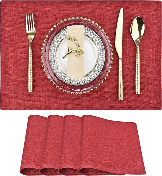 Red Christmas Placemats Set of 4 - Festive Easy to Clean Linen-Style Fabric Table Mats - Machine Washable & Heat Resistant Non-Slip Design for Thanksgiving and Holiday Dining (4, Wine Red)