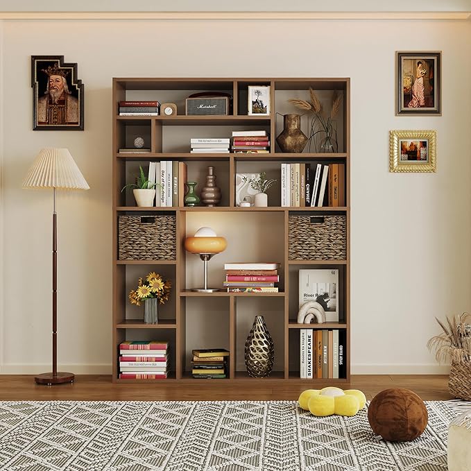 6-Tier Large Open Bookcase 71” Tall Sturdy Wooden Bookshelf with Baskets,Modern Style 16-Cube Home Display Shelf for Bedroom, Living Room（Oak Color）