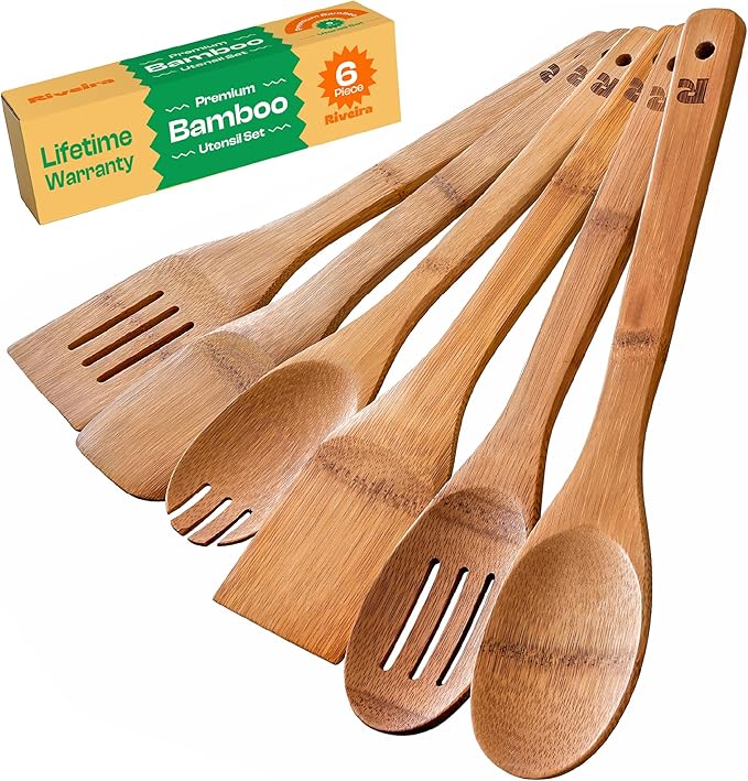 Riveira Dark Bamboo Wooden Spoons for Cooking 6-Piece, Apartment Essentials Wood Spatula Spoon Nonstick Kitchen Utensil Set Premium Quality Housewarming Gifts for Everyday Use