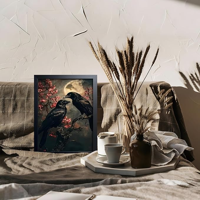 Black Wood Framed Halloween Canvas Wall Art Painting, Vintage Black Crow Cherry Blossom Wall Decor Picture, Dark Academia Gothic Poster Print Photo for Living Room Bedroom Office Decor 12x16 Inch