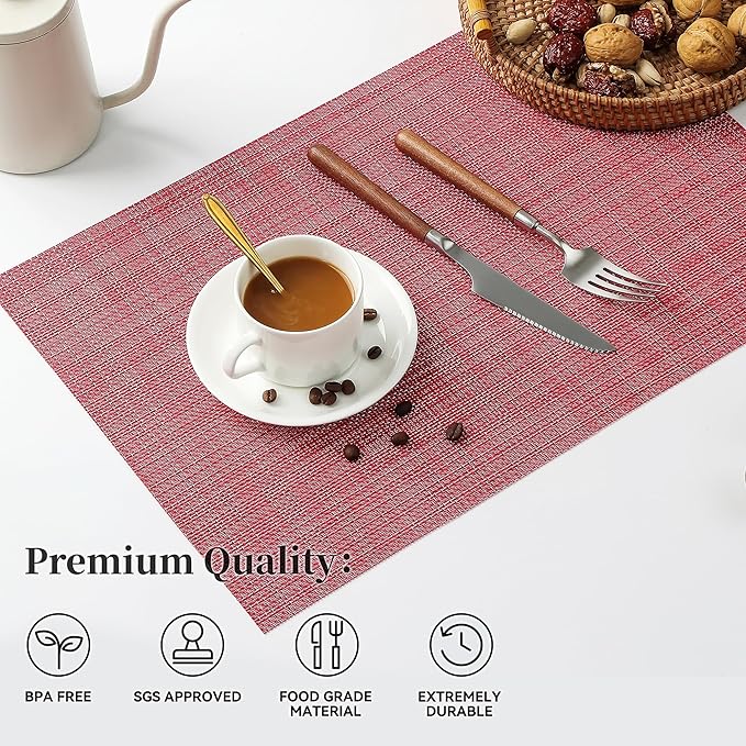 Leetaltree Red Placemats Set of 8 - Heat Resistant Non-Slip Place mats for Dining Table, Washable Durable PVC Vinyl Woven Table Mats（Red, 8）