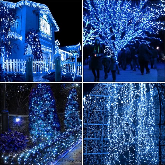 4 Pack Solar String Lights for Outside - 320LED 132FT Solar Fairy Lights Outdoor Waterproof 8 Modes, Copper Wire Solar Powered Twinkle Lights for Tree Garden Christmas Wedding Party Decor, Blue