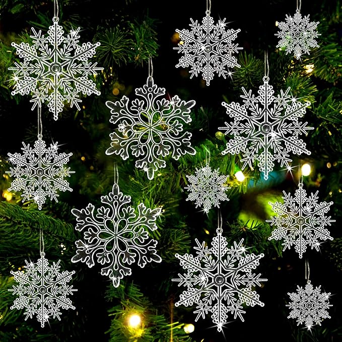 Christmas Tree Decorations Snowflake Ornaments 36Pcs Clear Plastic Hanging Snowflakes from Ceiling Snow Flakes Decorating Hanging for Winter Wonderland Decorations Indoor Outdoor Decor