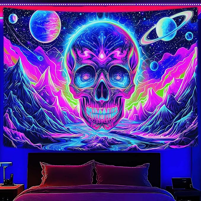 Blacklight Skull Tapestry, UV Reactive Gothic Skeleton Mountain Galaxy Planet Wall Hanging Tapestries, Glow in the Dark Horror Face Halloween Aesthetic Poster for Bedroom Living Room Decor 70X60IN