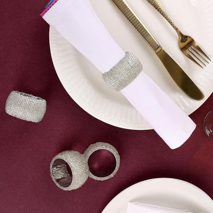 12 Pieces Plastic Bead Napkin Rings - Beaded Napkin Holders for Christmas, Thanksgiving, Holiday Party, Dinner PartyWeddings, Parties, Family Gatherings, and Table Décor(Silver)- ALPHA Living HOME