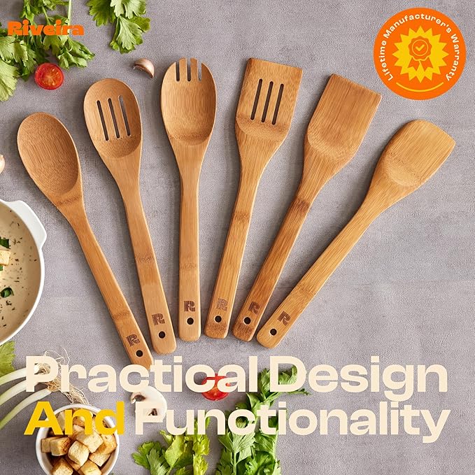 Riveira Dark Bamboo Wooden Spoons for Cooking 6-Piece, Apartment Essentials Wood Spatula Spoon Nonstick Kitchen Utensil Set Premium Quality Housewarming Gifts for Everyday Use