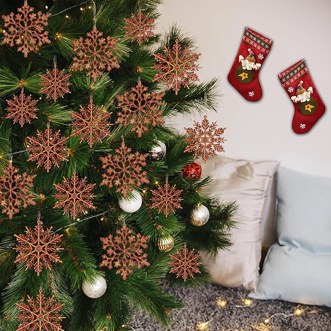 36pcs Snowflakes-Christmas Tree Decorations, Snowflake Ornaments for Tree, Plastic Glitter Red Gold Snow Flakes Ornaments, Christmas Indoor Winter Wonderland Frozen Birthday Party Holiday Home Decor