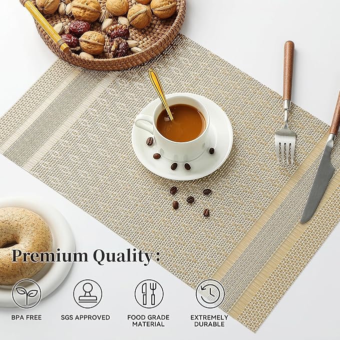Leetaltree Stardust Yellow Placemats Set of 4 - Heat Resistant Non-Slip Place mats for Dining Table, Washable Durable PVC Vinyl Woven Table Mats（Stardust Yellow, 4）