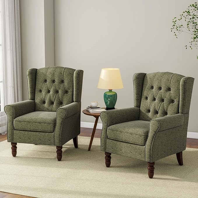 Accent Chair, Upholstered Armchair with Button Tufted High Back & Solid Wood Legs, Comfy Wingback Reading Single Sofa Chair for Small Spaces, Living Room, Bedroom (Green, Set of 2)