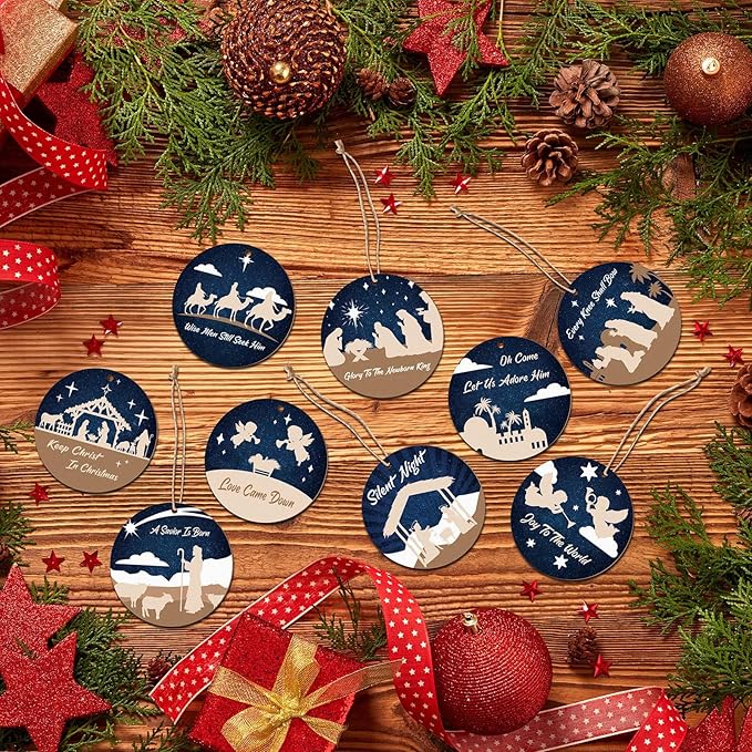 Soaoo 60 Pcs Nativity Scene Christmas Tree Ornament Christian Religious Ornaments Bulk Round Nativity Xmas Tree Hanging Wooden Decorations for Garden Yard Outdoor Home(Classic Style)