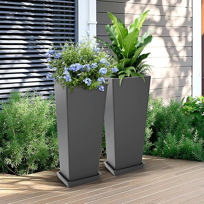 FENCY Set of 2 Tall Planters for Outdoor Plants, 24 Inch Large Tapered Pots with Drainage Trays, Weather-Resistant Plastic Plant Containers for Patio, Porch, Garden, Front Door Decor,Gray