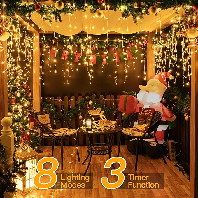 Ollny Icicle Lights for Outside 720LED 60FT, Warm White Christmas Lights with Remote 8 Modes Dimmable, Waterproof Connectable Timer Hanging Light for House Outdoor Yard Indoor Decorations
