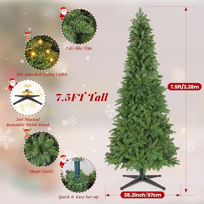 7.5ft Slim Pencil Christmas Tree Pre-lit, Remote Control, Rotating & Foldable Stand, RGB & Warm White Light for Home Decor