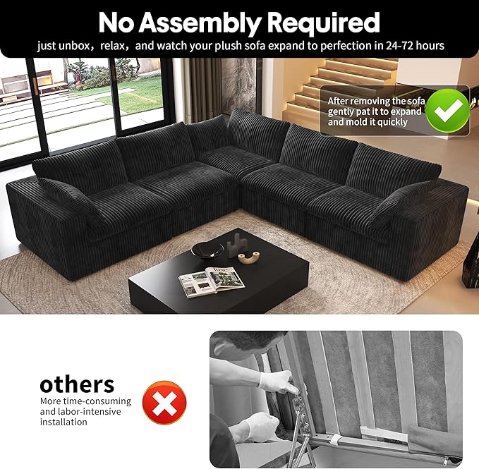 118" V Shaped Corner Modern Sofa Modular Sectional Cloud Couch,Deep Seat Upholstered Couches with Plush Corduroy Fabric for Living Room Furniture,Bedroom and Apartment,No Assembly Required,Black