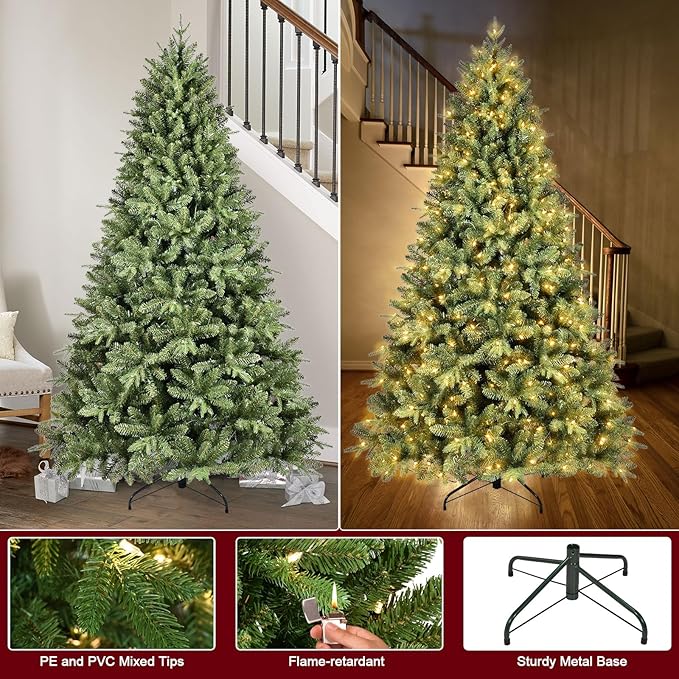 6.5 FT Pre-Lit Artificial Christmas Tree with 1706 PE&PVC Mixed Branch Tips, 450 Warm White Lights, Hinged Premium Spruce Fake Xmas Trees, Green, Foldable Base